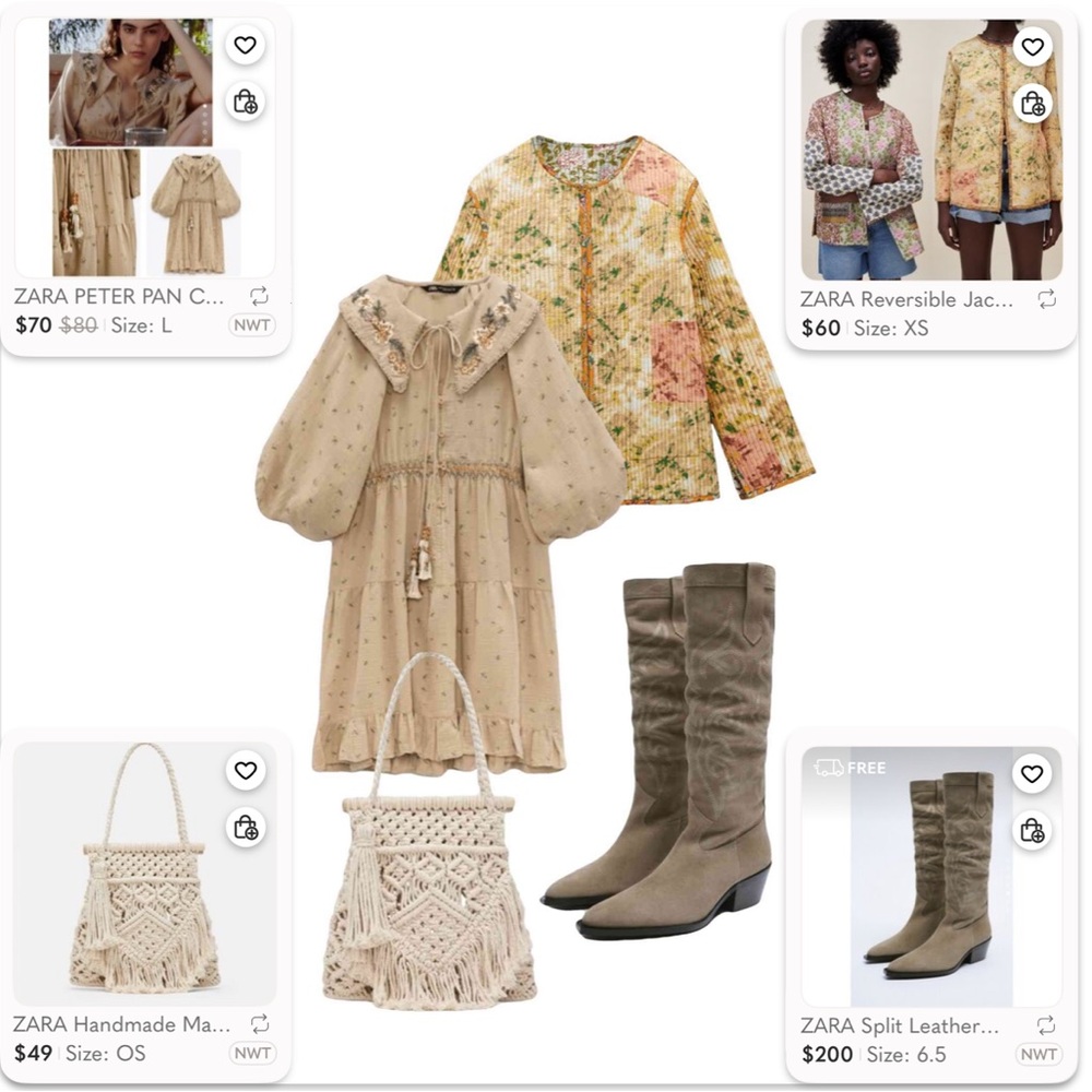 ZARA Boho Outfit Inspo ✨Peter Pan Collar Dress, Patchwork Jacket & Western Boots